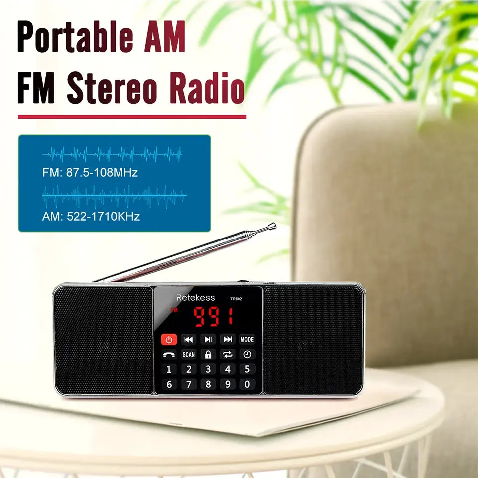 RETEKESS TR602 Digital Portable Radio AM FM Bluetooth Speaker Stereo MP3 Player TF/SD Card USB Drive Handsfree Call LED
