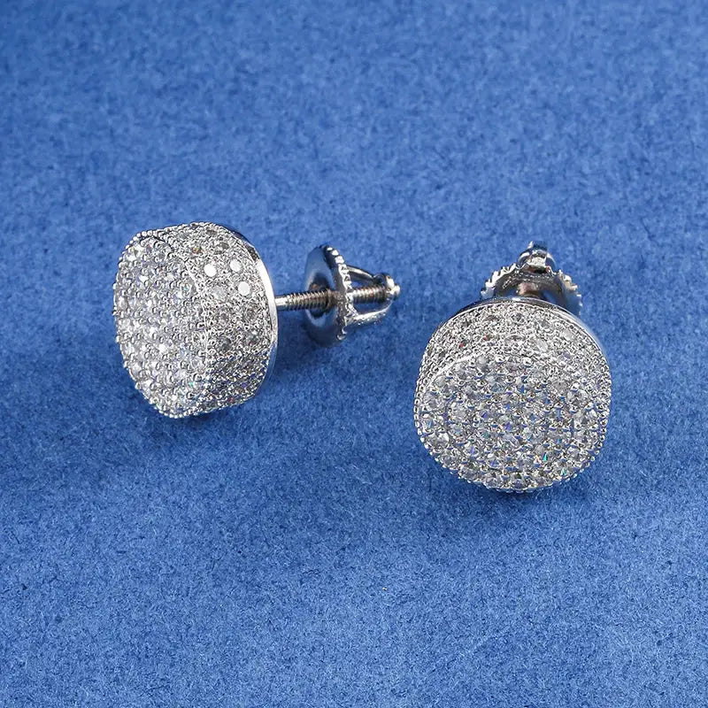 Hip HOP 1Pair Micro Full Paved Rhinestone Round Zircon CZ Stone Bling Iced Out Stud Earring Copper Earrings For Men