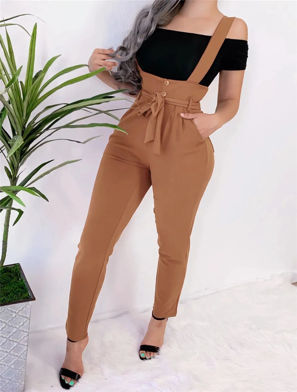 Women Streetwear Long Pants Bandage Design Button Pockets Decor High Waist Pencil Lady Slim Hips Shoulder Straps
