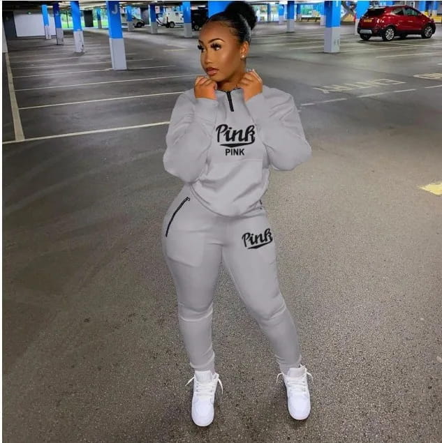 Fall Winter Tracksuits Two Piece Set Women Pink Letter Print Sport Casual Outfits Zip Sweatshirt Top + Pants Sweat Suits