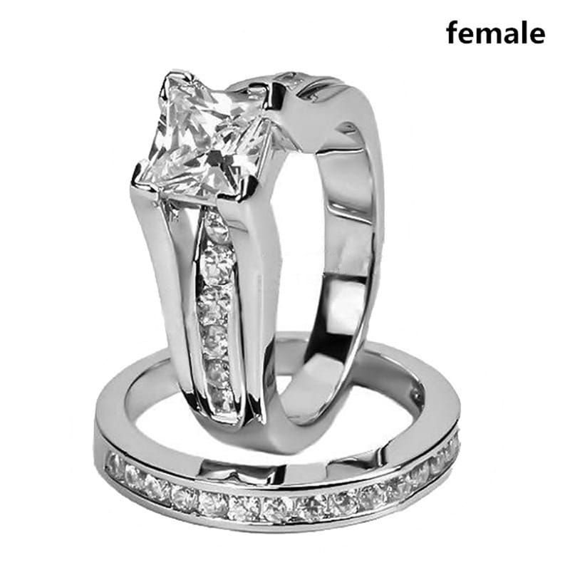 Romantic Zircon Couple Rings Stainless Steel Men’s Ring And Simple Crystal Women Set Wedding