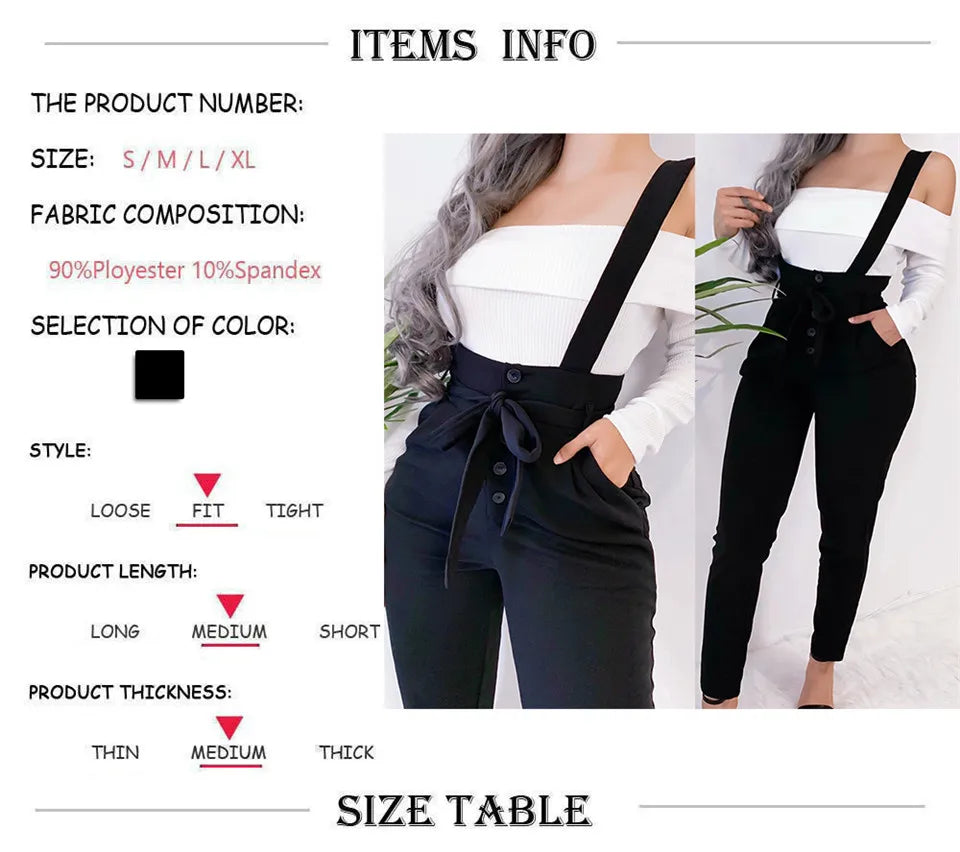 Women Streetwear Long Pants Bandage Design Button Pockets Decor High Waist Pencil Lady Slim Hips Shoulder Straps