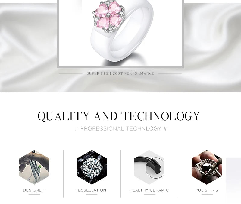 2019 New Wedding Rings Fashion Pink Flower Cubic Zirconia Engagement Ceramic Ring Jewelry For Women S925 Sterling Silver