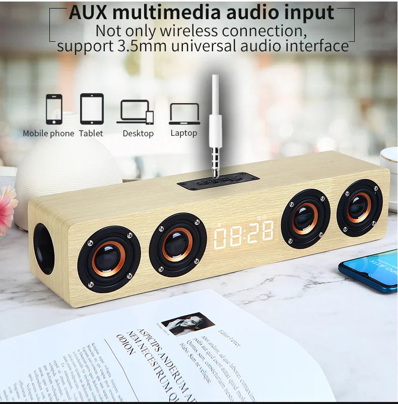 Wooden Soundbar Bluetooth Speaker Music Acoustic System 20W HIFI Stereo Surround LED Display Outdoor With FM Radio