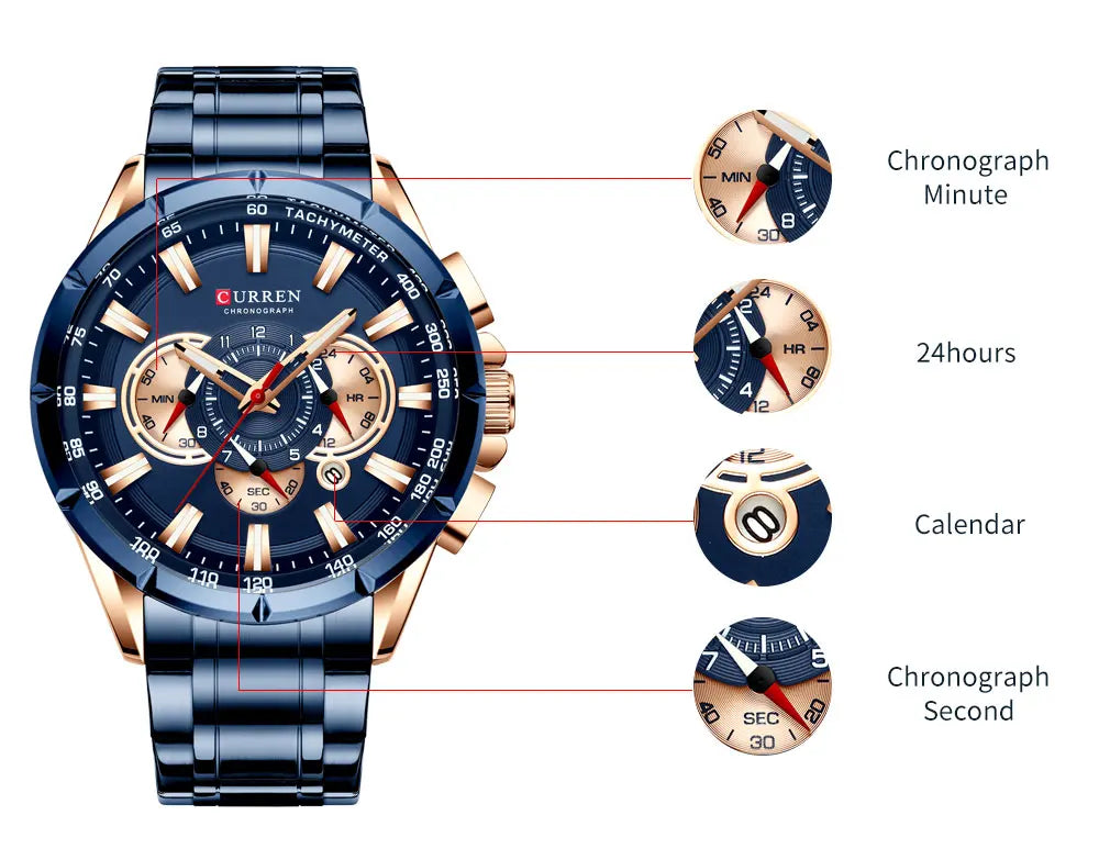 Curren chronograph watch with navy blue dial, rose gold accents, stainless steel band
