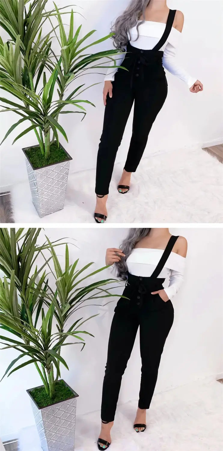 Women Streetwear Long Pants Bandage Design Button Pockets Decor High Waist Pencil Lady Slim Hips Shoulder Straps