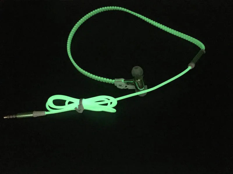 Wired earbuds Light Luminous Metal Zipper Earphone Glow In The Dark Hands Free Zipping Earhpones