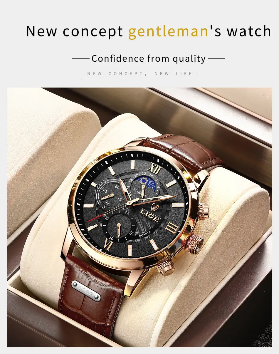 2025 New Mens Watches LIGE Top Brand Luxury Leather Casual Quartz Watch Men’s Sport Waterproof Clock Relogio Masculino