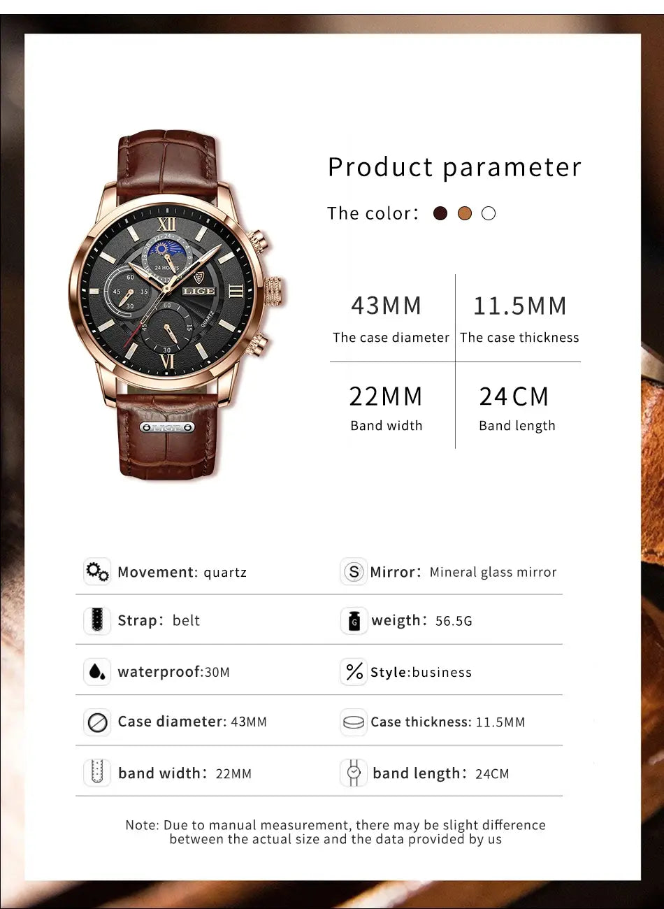 2025 New Mens Watches LIGE Top Brand Luxury Leather Casual Quartz Watch Men’s Sport Waterproof Clock Relogio Masculino