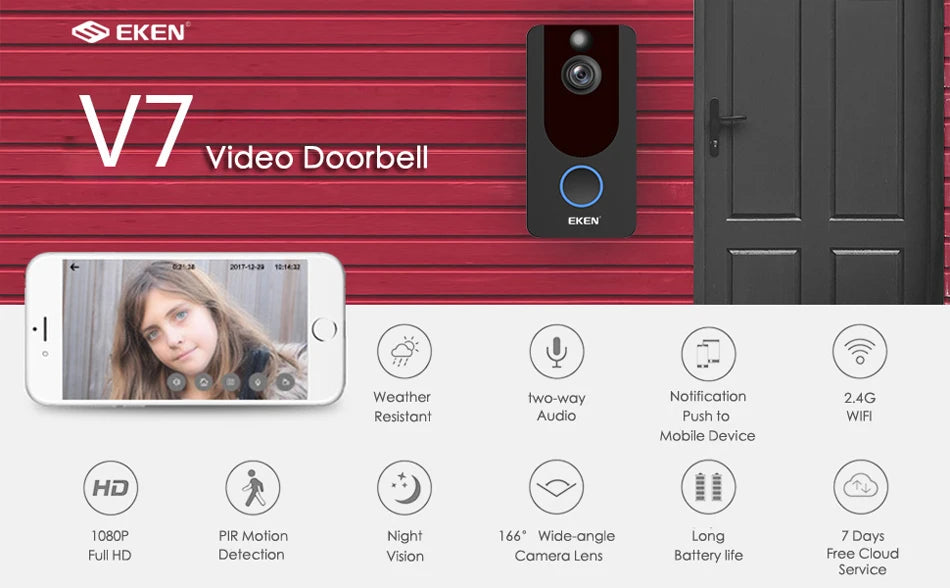 EKEN V7 HD 1080P Smart WiFi Video Doorbell Camera Visual Intercom Night vision IP Door Bell Wireless Security