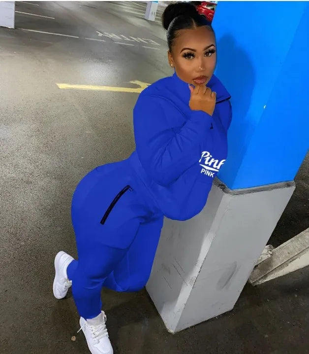 Fall Winter Tracksuits Two Piece Set Women Pink Letter Print Sport Casual Outfits Zip Sweatshirt Top + Pants Sweat Suits