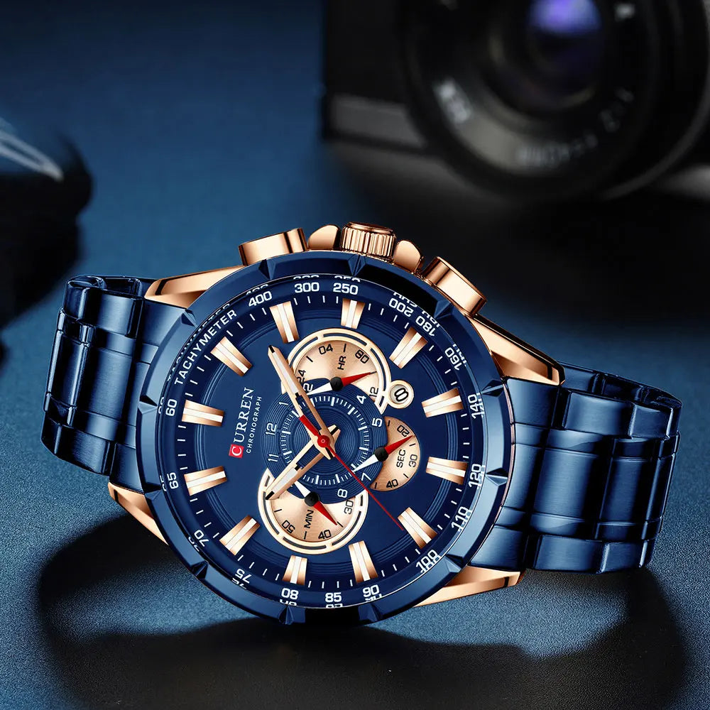 Curren chronograph watch with blue rose gold dial and stainless steel band