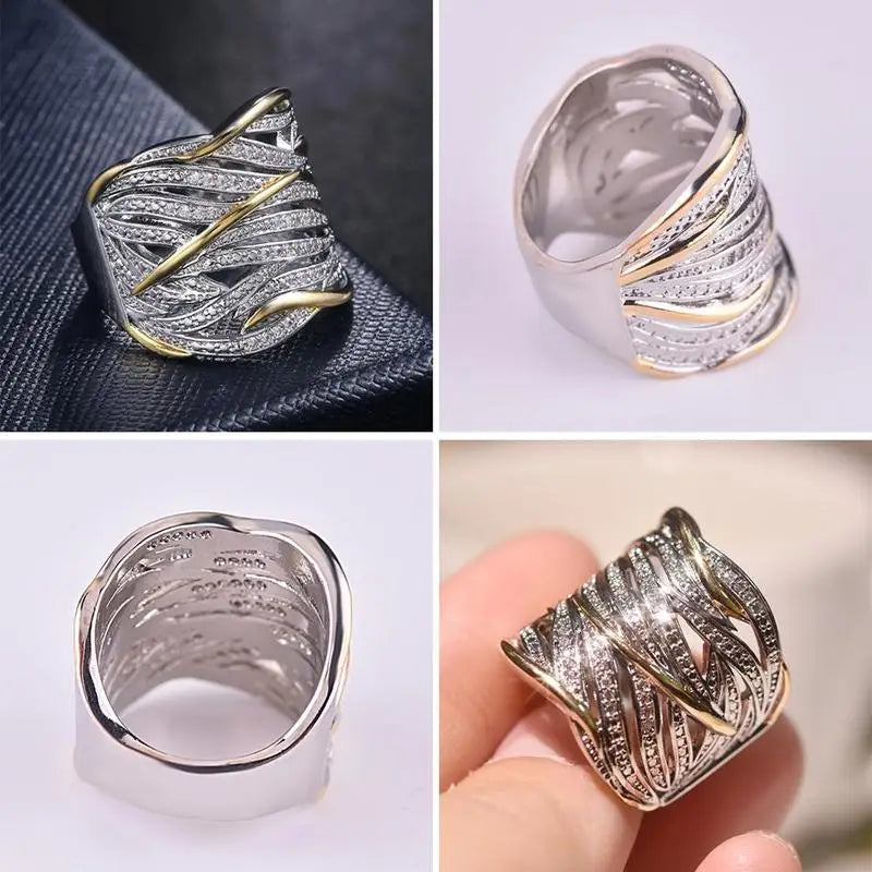 Multi-layer Gold Two-tone Ring High Quality Simulation Crystal Silver Color Wedding Rings For Women Bagues Pour Femme