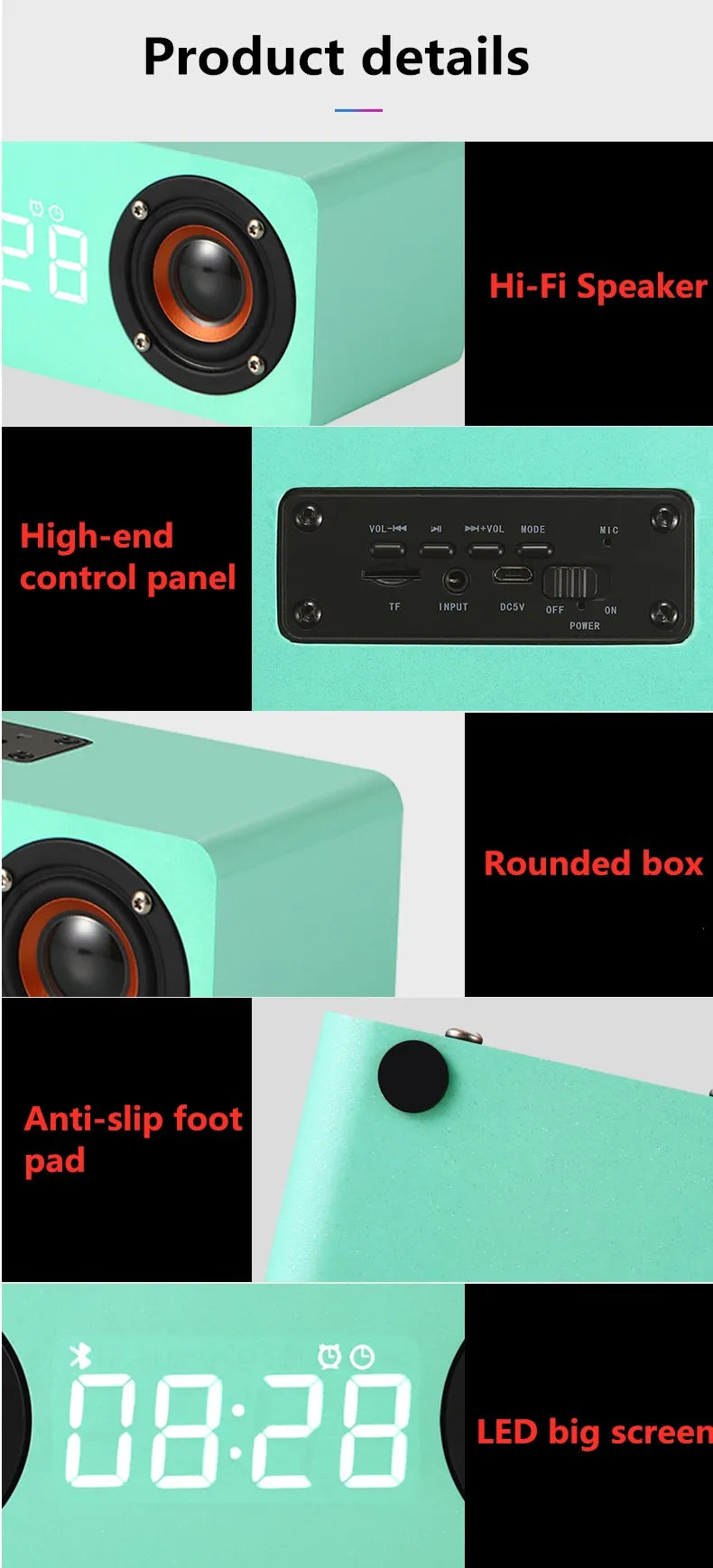 Wooden Soundbar Bluetooth Speaker Music Acoustic System 20W HIFI Stereo Surround LED Display Outdoor With FM Radio