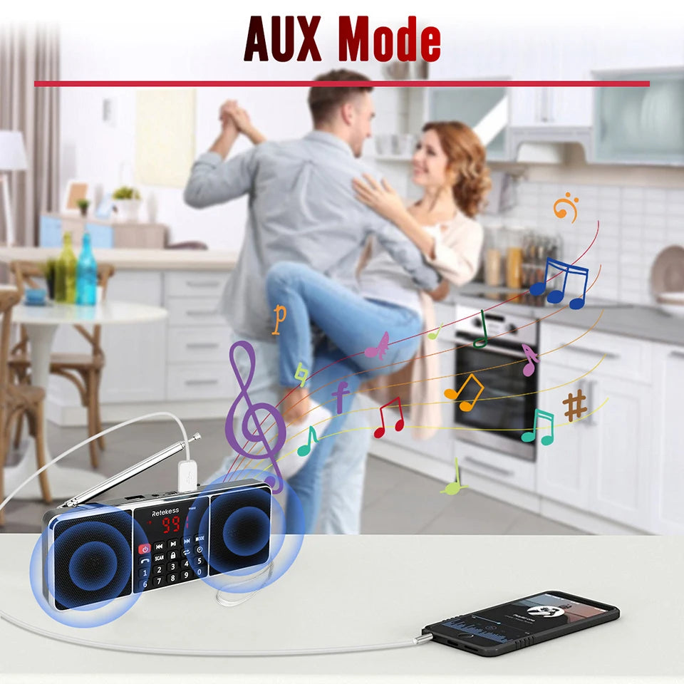 RETEKESS TR602 Digital Portable Radio AM FM Bluetooth Speaker Stereo MP3 Player TF/SD Card USB Drive Handsfree Call LED