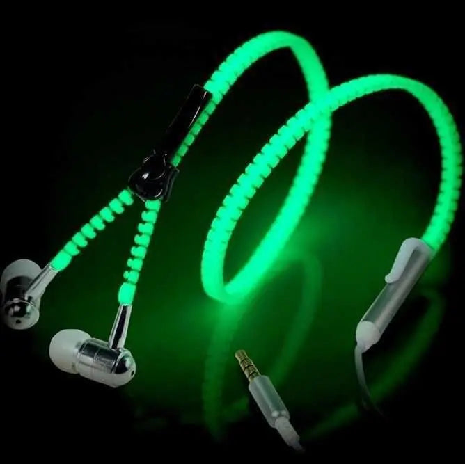 Wired earbuds Light Luminous Metal Zipper Earphone Glow In The Dark Hands Free Zipping Earhpones