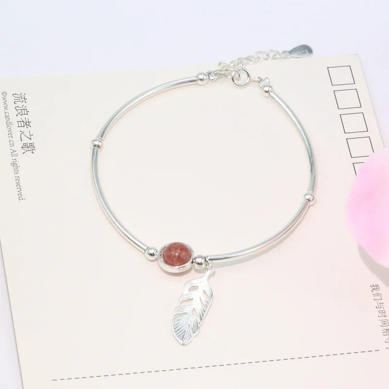 925 Sterling Silver Crystal Round Bead Feather Charm Bracelet & Bangles Adjustable Braclets For Women Wedding Jewelry