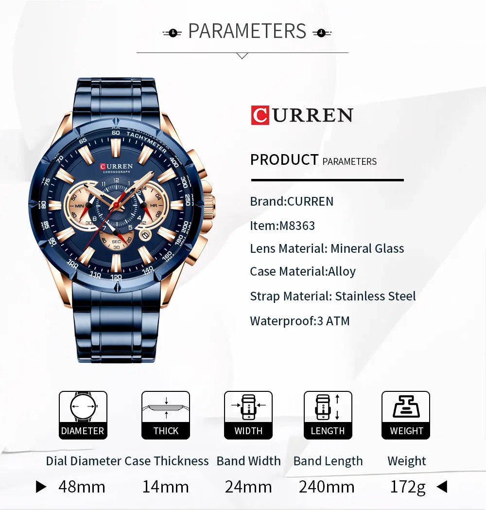 Curren M8363 chronograph watch with navy blue dial, rose gold accents, and stainless steel band