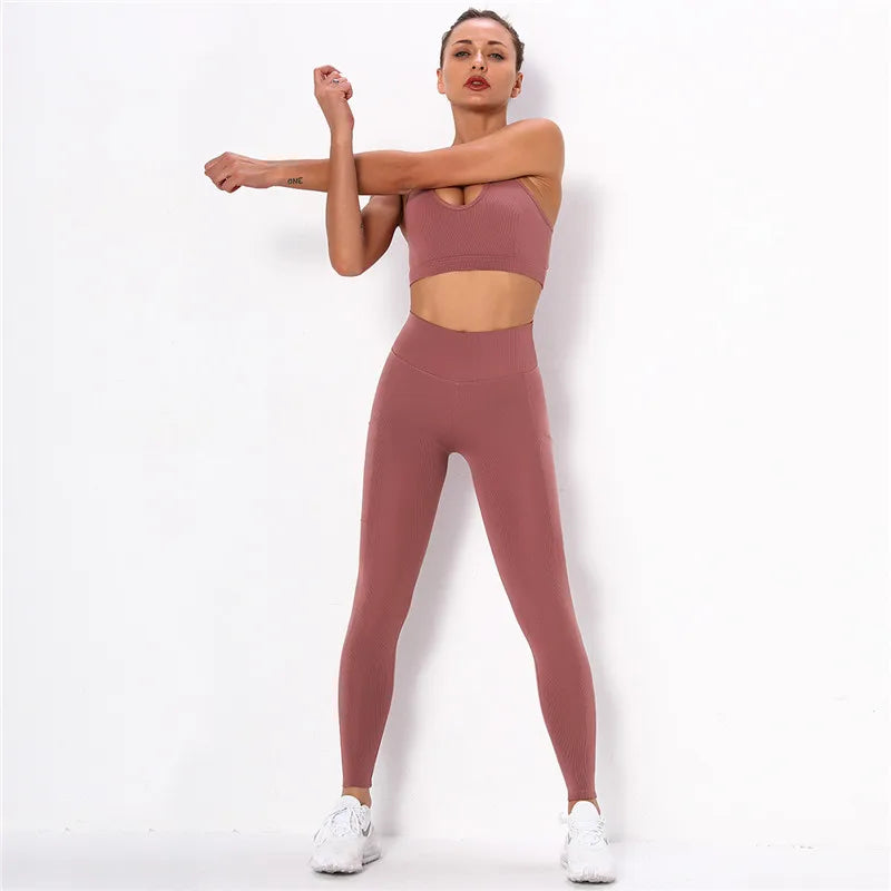Striped Sports Suits Gym Training Yoga Leggings Sets Women Tracksuits Fitness Outfit Running Workout