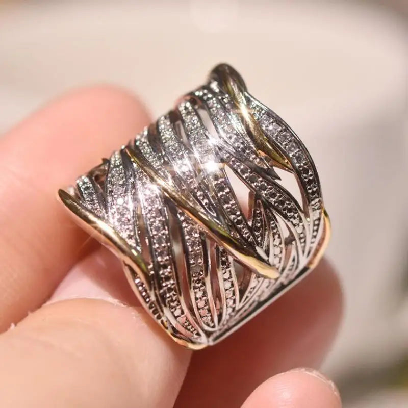 Multi-layer Gold Two-tone Ring High Quality Simulation Crystal Silver Color Wedding Rings For Women Bagues Pour Femme