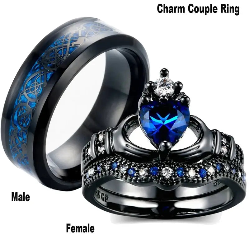Carofeez Charm Couple Ring Stainless Steel Black Men’s Blue Zircon Women’s Sets Valentine’s Day Wedding Bands