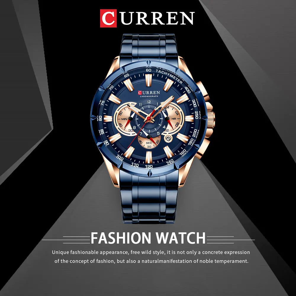 Curren men’s chronograph watch with navy blue dial, gold accents, stainless steel band