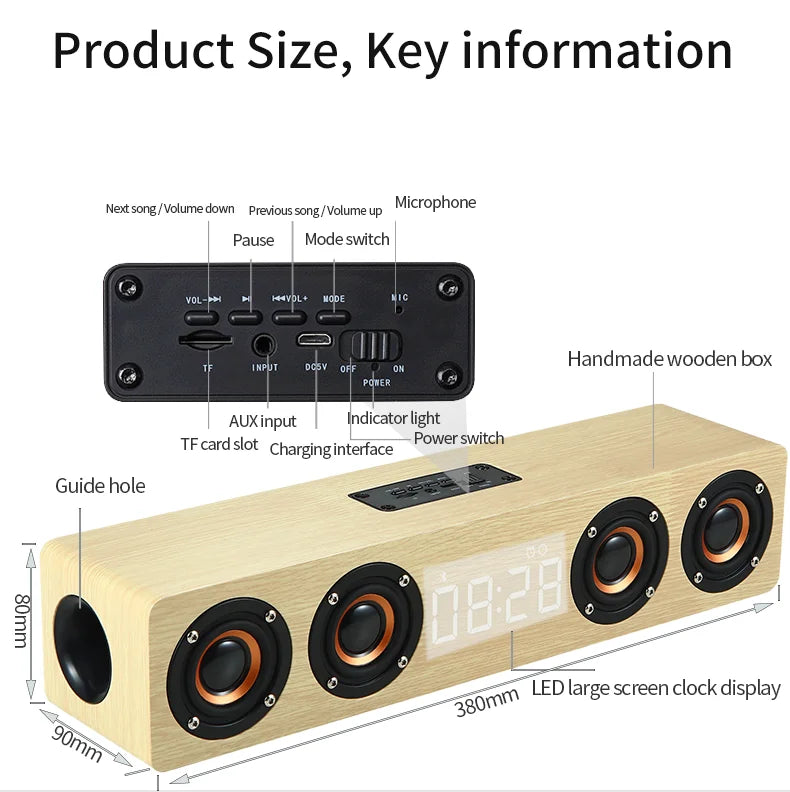 Wooden Soundbar Bluetooth Speaker Music Acoustic System 20W HIFI Stereo Surround LED Display Outdoor With FM Radio