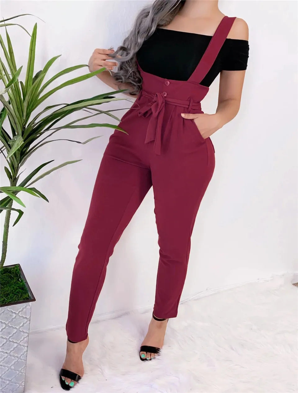 Women Streetwear Long Pants Bandage Design Button Pockets Decor High Waist Pencil Lady Slim Hips Shoulder Straps