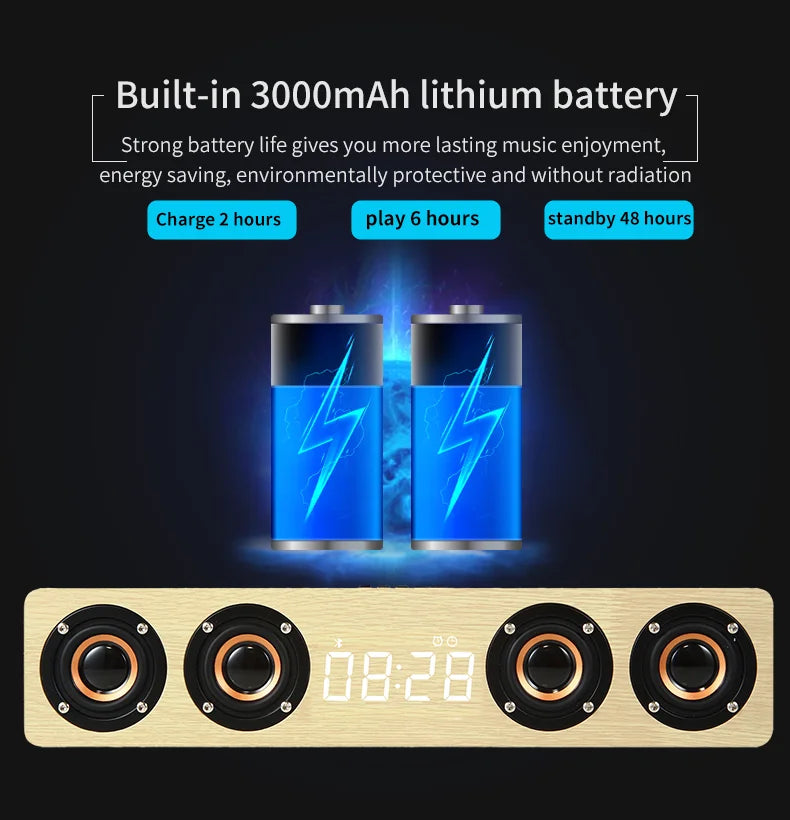 Wooden Soundbar Bluetooth Speaker Music Acoustic System 20W HIFI Stereo Surround LED Display Outdoor With FM Radio