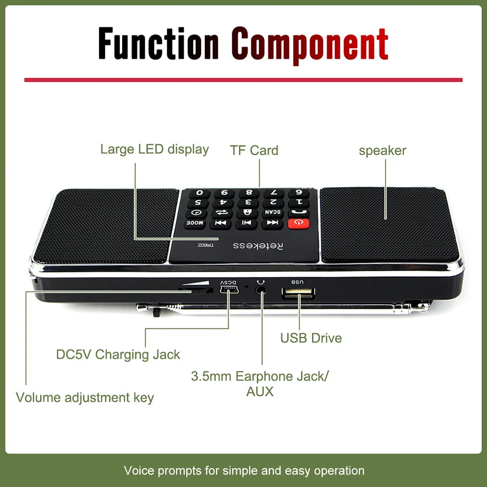 RETEKESS TR602 Digital Portable Radio AM FM Bluetooth Speaker Stereo MP3 Player TF/SD Card USB Drive Handsfree Call LED