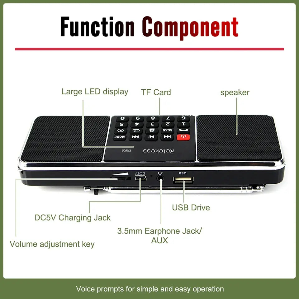 RETEKESS TR602 Digital Portable Radio AM FM Bluetooth Speaker Stereo MP3 Player TF/SD Card USB Drive Handsfree Call LED