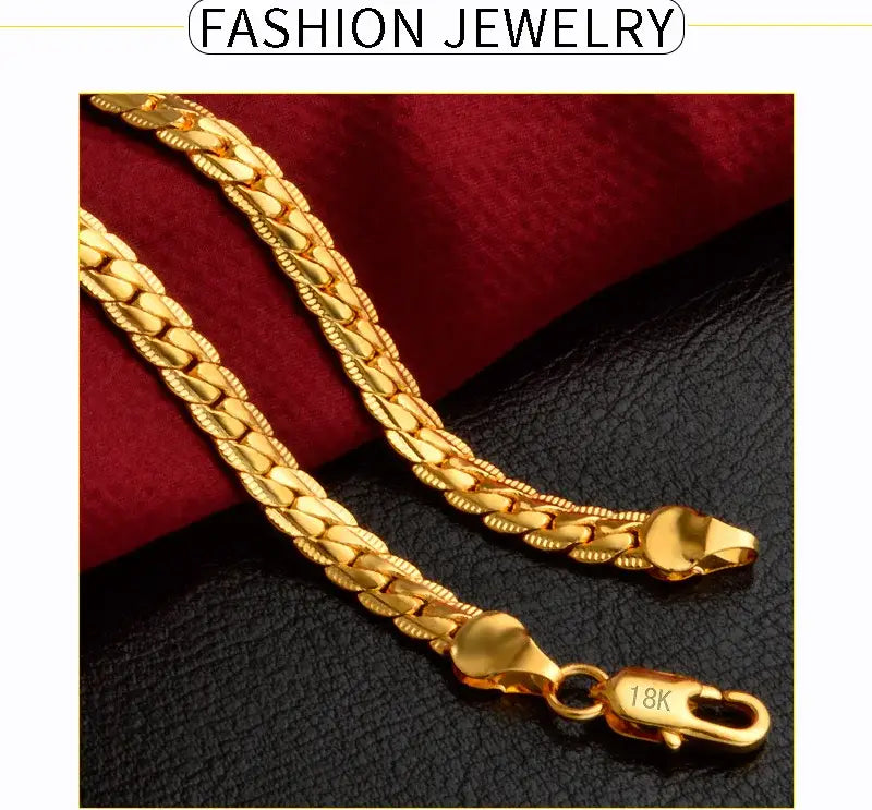 AGLOVER 925 Sterling Silver 20 Inch 18k Gold 6mm Full Sideways Chain Necklace For Women Man Fashion Jewelry Charm Gift