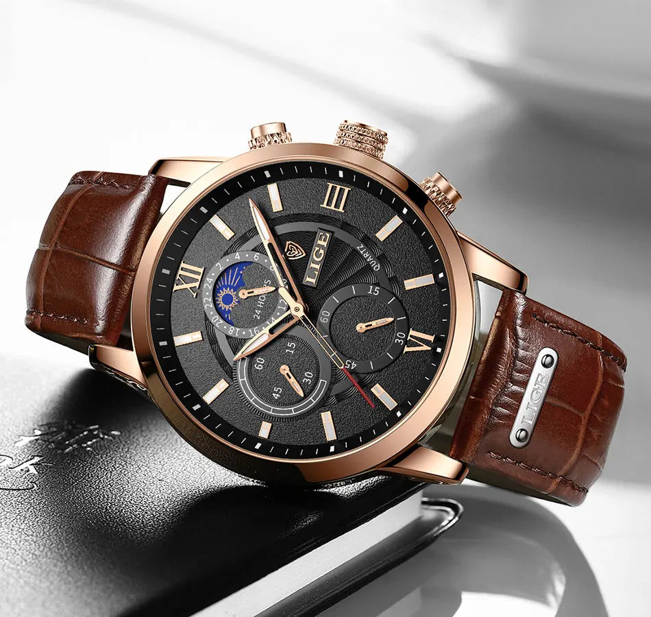 2025 New Mens Watches LIGE Top Brand Luxury Leather Casual Quartz Watch Men’s Sport Waterproof Clock Relogio Masculino