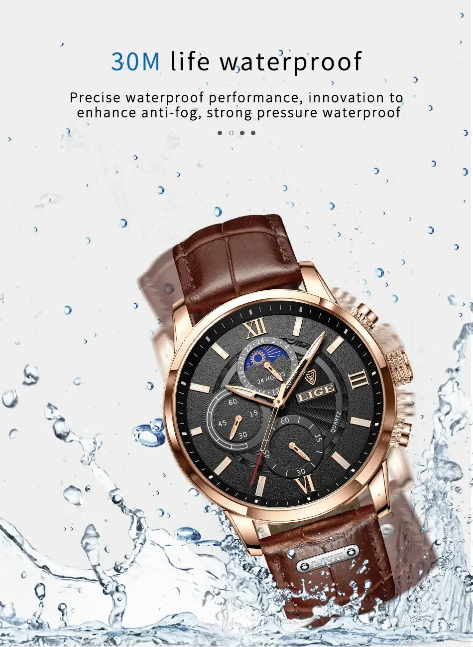 2025 New Mens Watches LIGE Top Brand Luxury Leather Casual Quartz Watch Men’s Sport Waterproof Clock Relogio Masculino