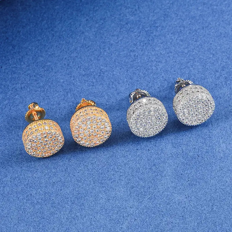 Hip HOP 1Pair Micro Full Paved Rhinestone Round Zircon CZ Stone Bling Iced Out Stud Earring Copper Earrings For Men