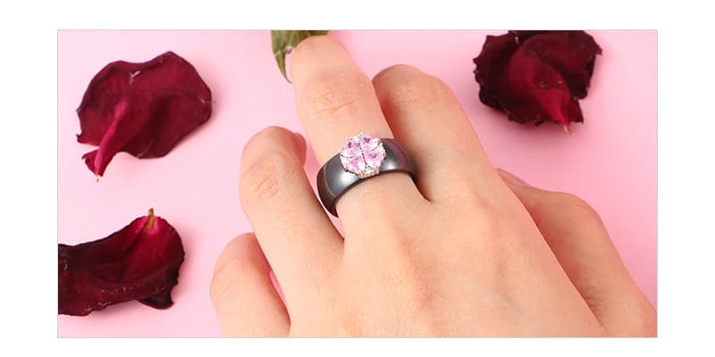 2019 New Wedding Rings Fashion Pink Flower Cubic Zirconia Engagement Ceramic Ring Jewelry For Women S925 Sterling Silver