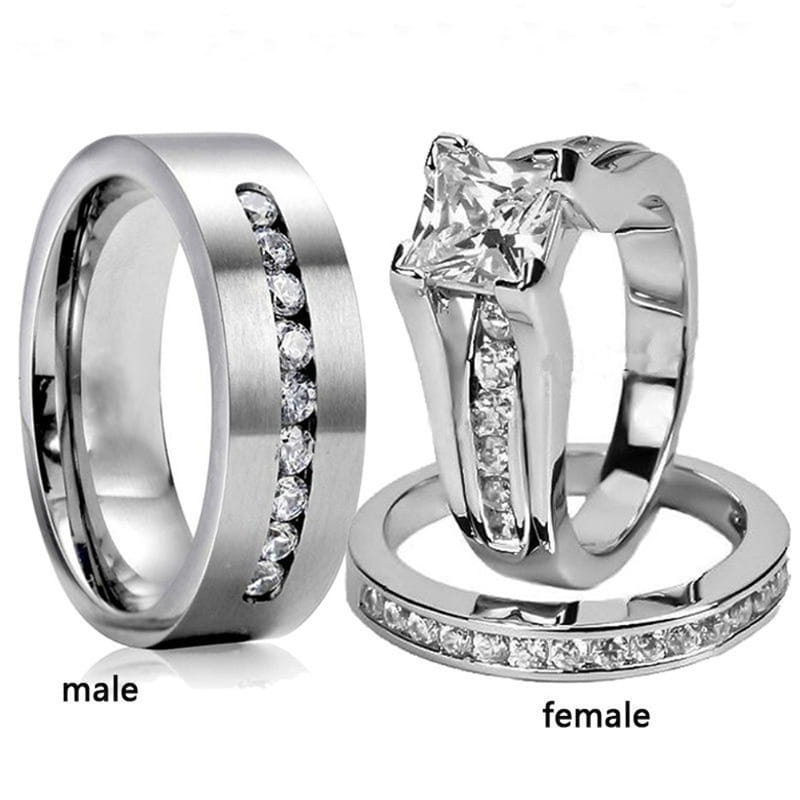 Romantic Zircon Couple Rings Stainless Steel Men’s Ring And Simple Crystal Women Set Wedding