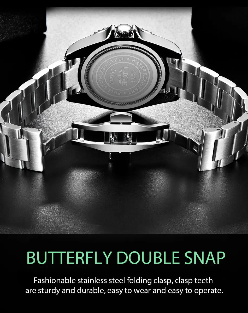 LIGE Top Brand Luxury Watches for Men Casual Sport Fashion Military Stainless Steel Wrist Auto Date Man Watch Clock