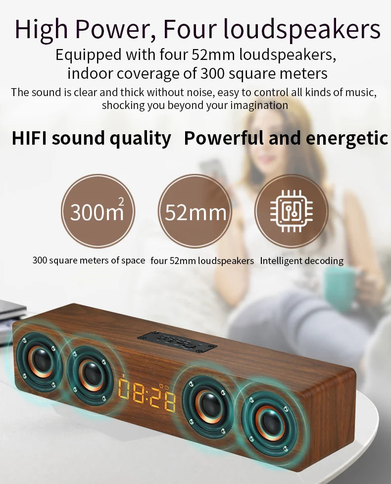 Wooden Soundbar Bluetooth Speaker Music Acoustic System 20W HIFI Stereo Surround LED Display Outdoor With FM Radio