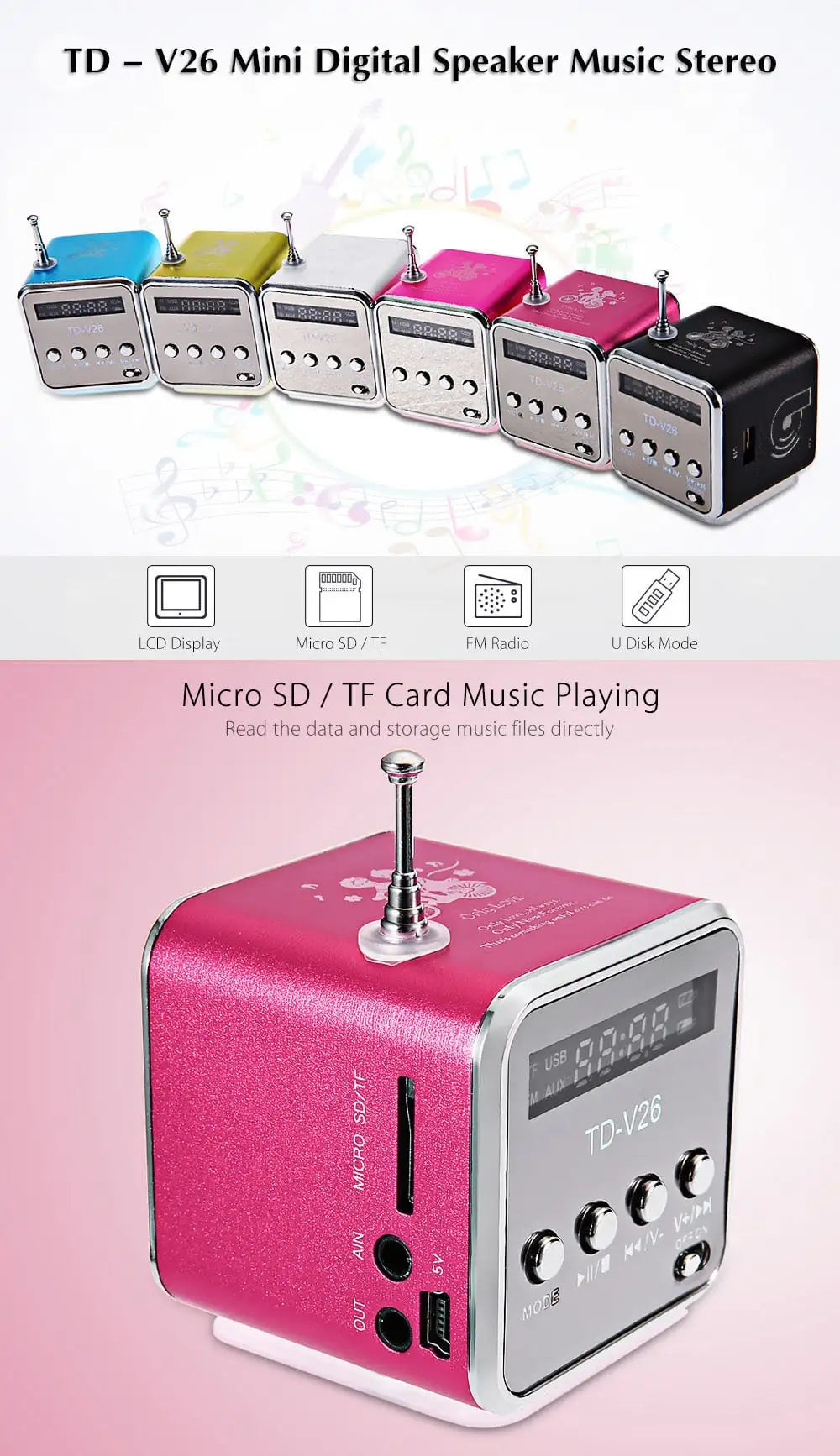 Mini TD-V26 Digital FM Radio Speaker Portable Receiver With LCD Stereo Loudspeaker Support Micro TF Card A2