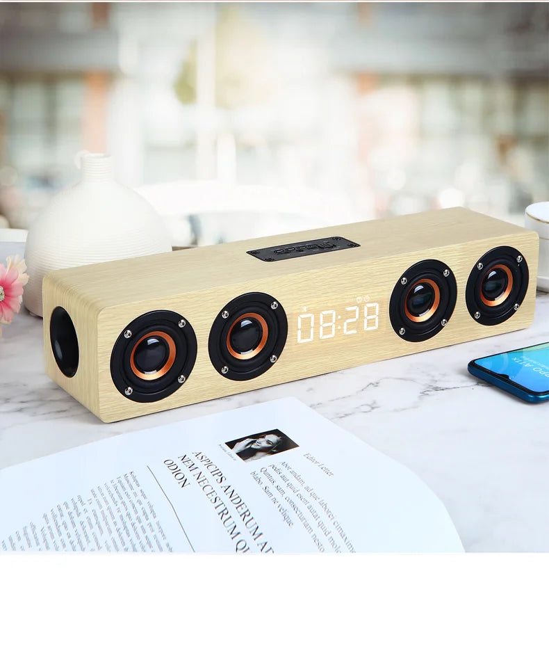 Wooden Soundbar Bluetooth Speaker Music Acoustic System 20W HIFI Stereo Surround LED Display Outdoor With FM Radio