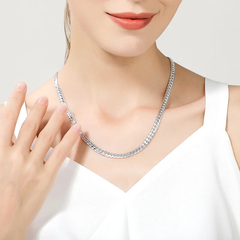 AGLOVER 925 Sterling Silver 20 Inch 18k Gold 6mm Full Sideways Chain Necklace For Women Man Fashion Jewelry Charm Gift