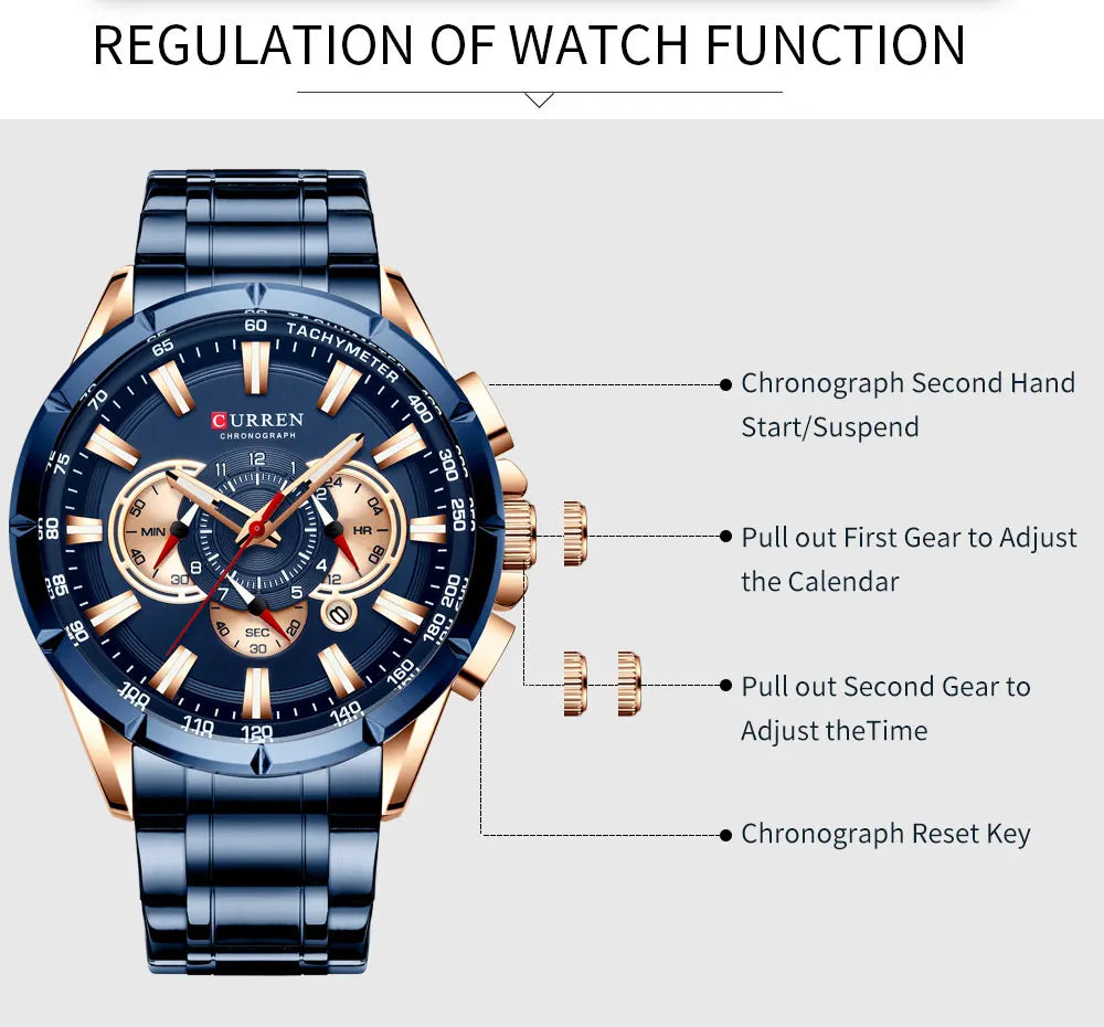 Curren chronograph watch with navy blue dial, rose gold accents, stainless steel band