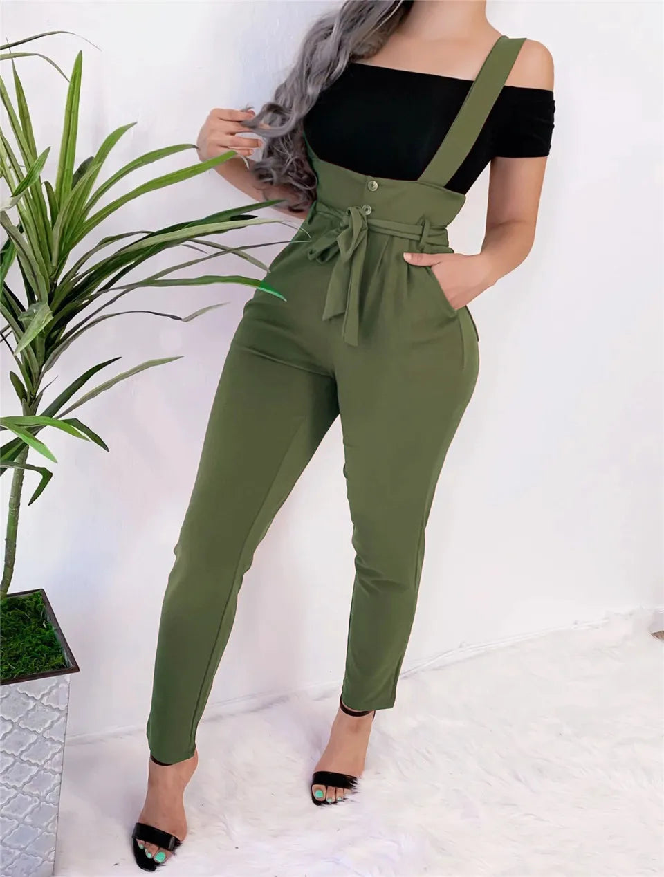 Women Streetwear Long Pants Bandage Design Button Pockets Decor High Waist Pencil Lady Slim Hips Shoulder Straps