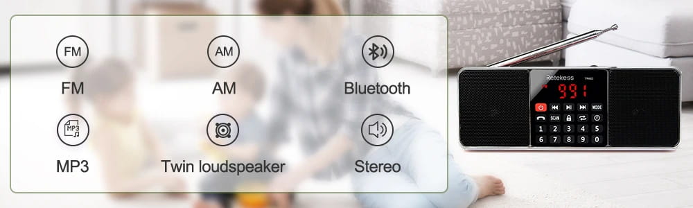 RETEKESS TR602 Digital Portable Radio AM FM Bluetooth Speaker Stereo MP3 Player TF/SD Card USB Drive Handsfree Call LED