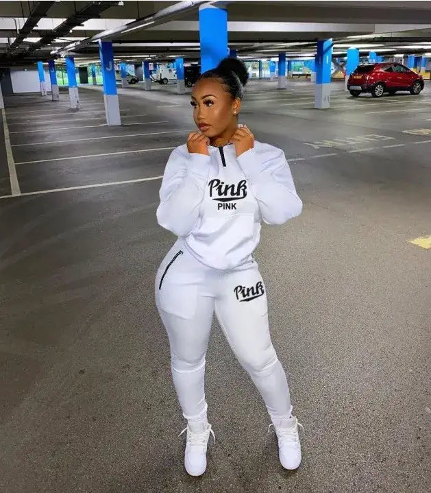 Fall Winter Tracksuits Two Piece Set Women Pink Letter Print Sport Casual Outfits Zip Sweatshirt Top + Pants Sweat Suits