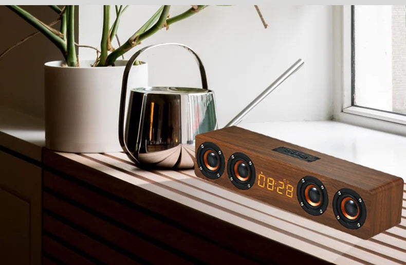 Wooden Soundbar Bluetooth Speaker Music Acoustic System 20W HIFI Stereo Surround LED Display Outdoor With FM Radio