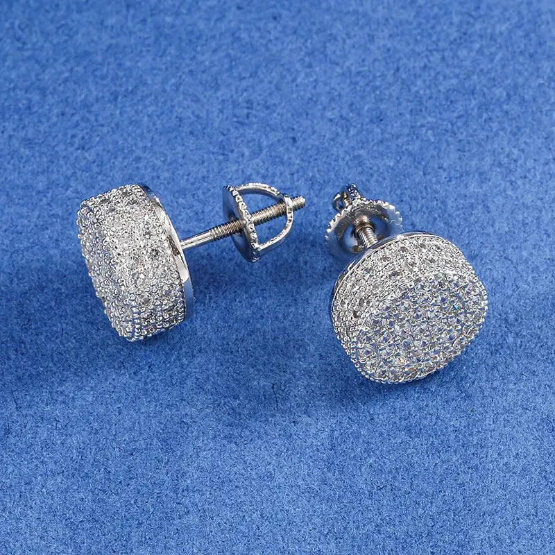 Hip HOP 1Pair Micro Full Paved Rhinestone Round Zircon CZ Stone Bling Iced Out Stud Earring Copper Earrings For Men