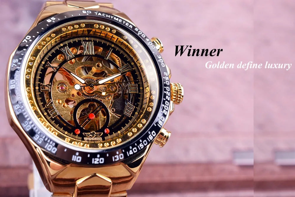 Golden skeleton watch with Winner mechanical sport design bezel