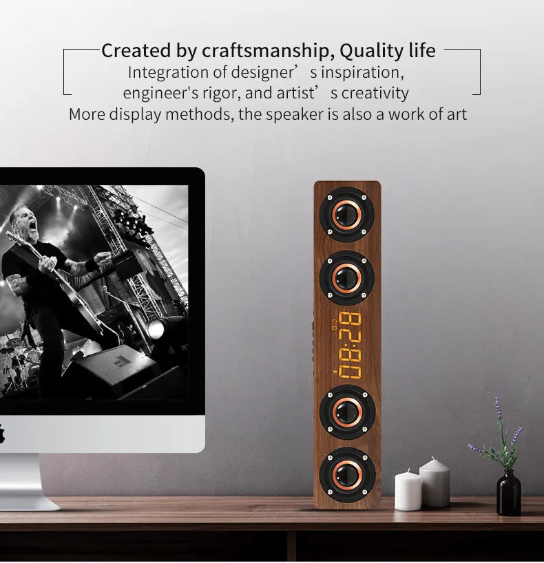 Wooden Soundbar Bluetooth Speaker Music Acoustic System 20W HIFI Stereo Surround LED Display Outdoor With FM Radio